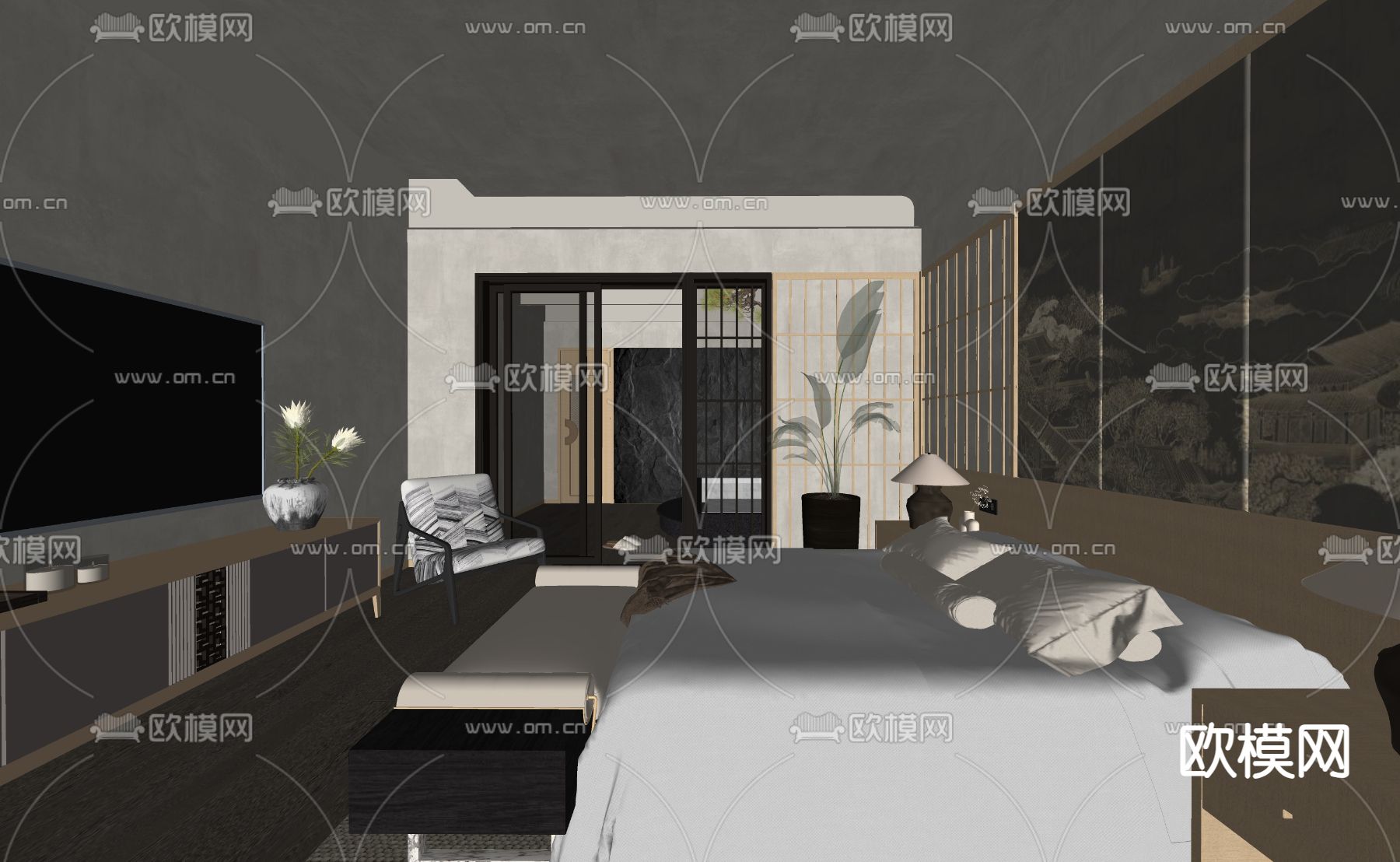 新中式酒店客房su模型下载（渲染图2）