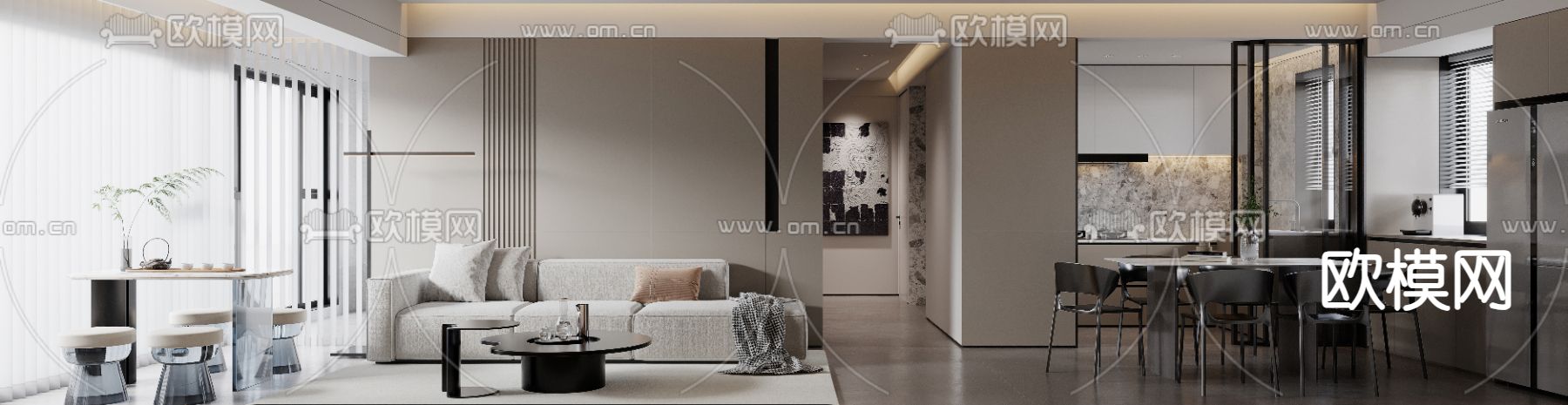 高级灰客餐厅3d模型下载（渲染图2）