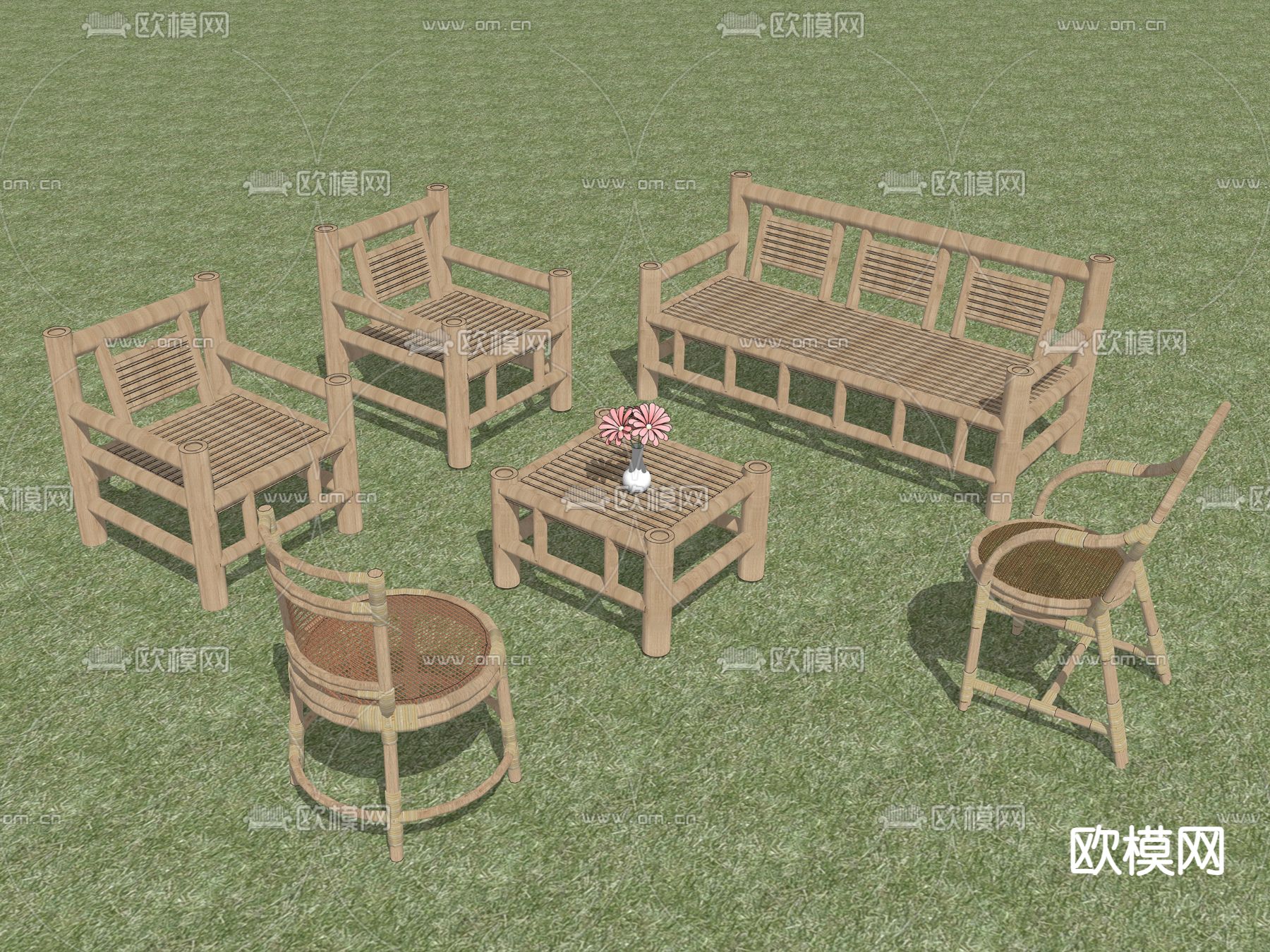 户外桌椅 竹座椅su模型下载（渲染图2）