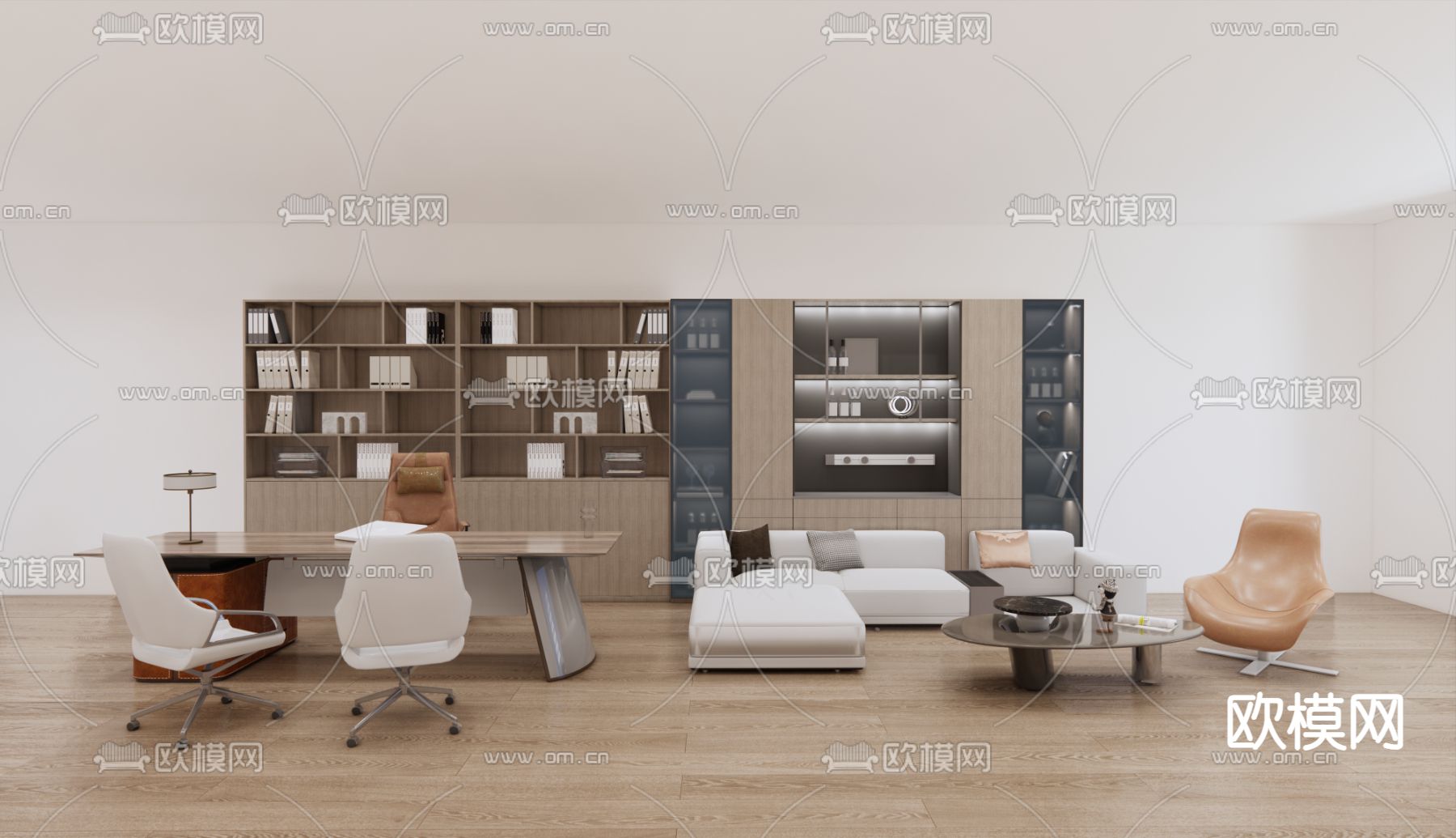 现代班台桌 书柜su模型下载（渲染图1）