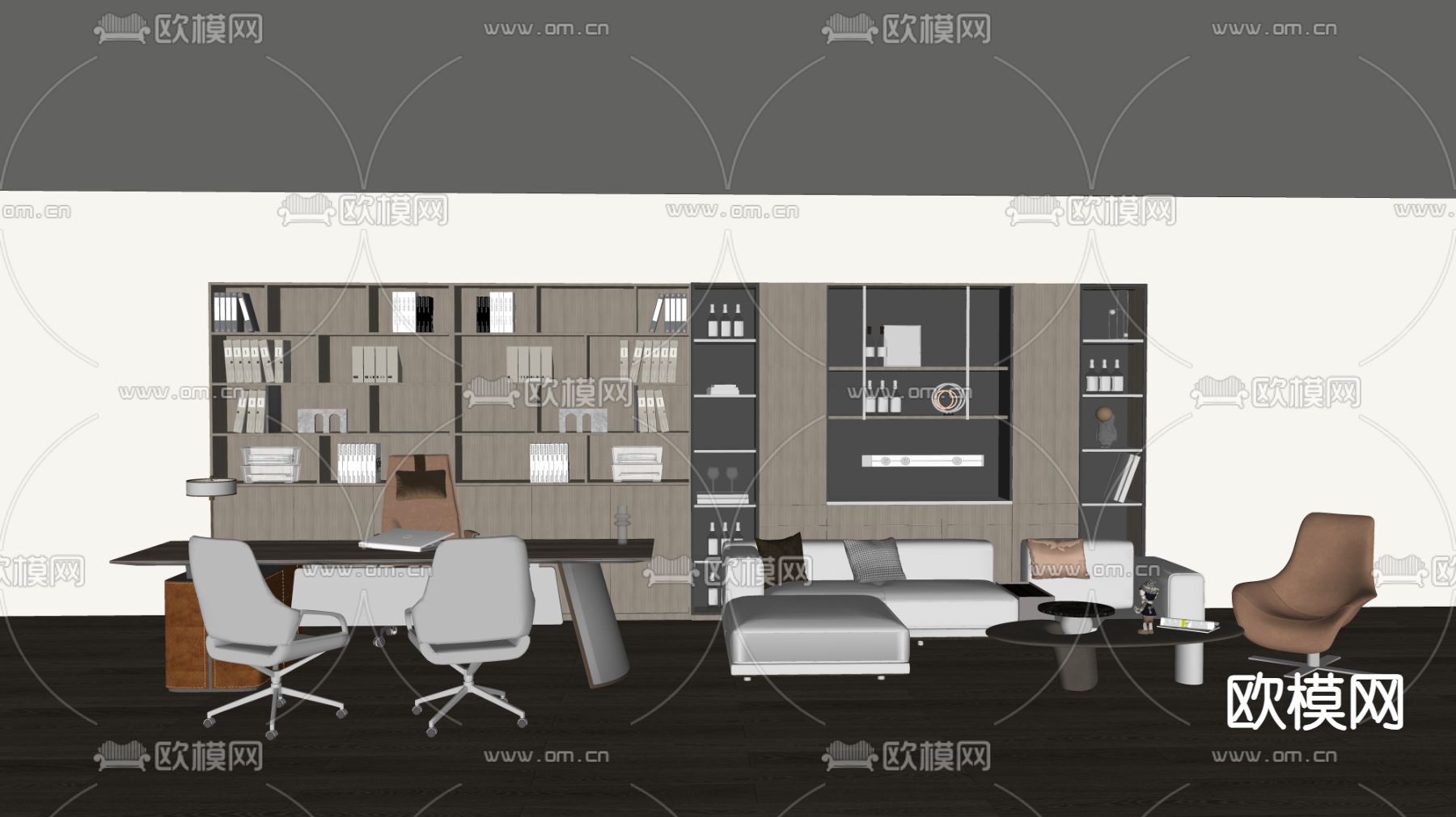 现代班台桌 书柜su模型下载（渲染图2）