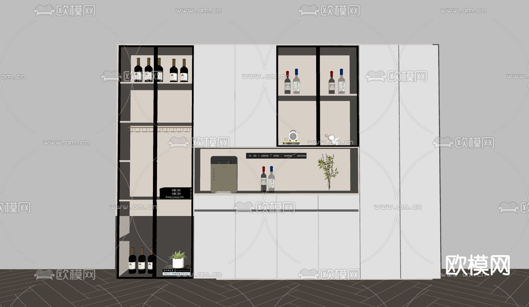 奶油风酒柜su模型下载（渲染图2）