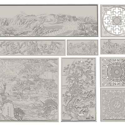  中式景墙浮雕 砖雕砖墙 墙面雕刻su模型 