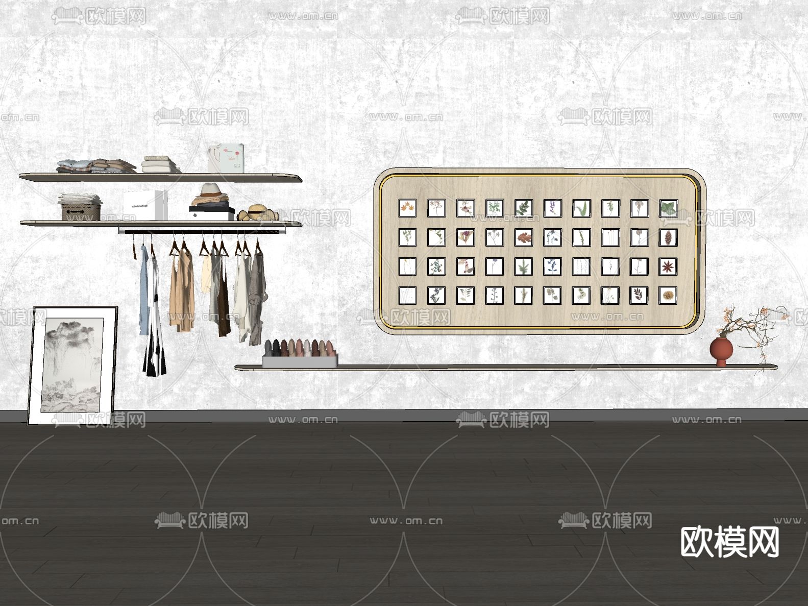现代置物架 挂饰 衣服 衣架su模型
