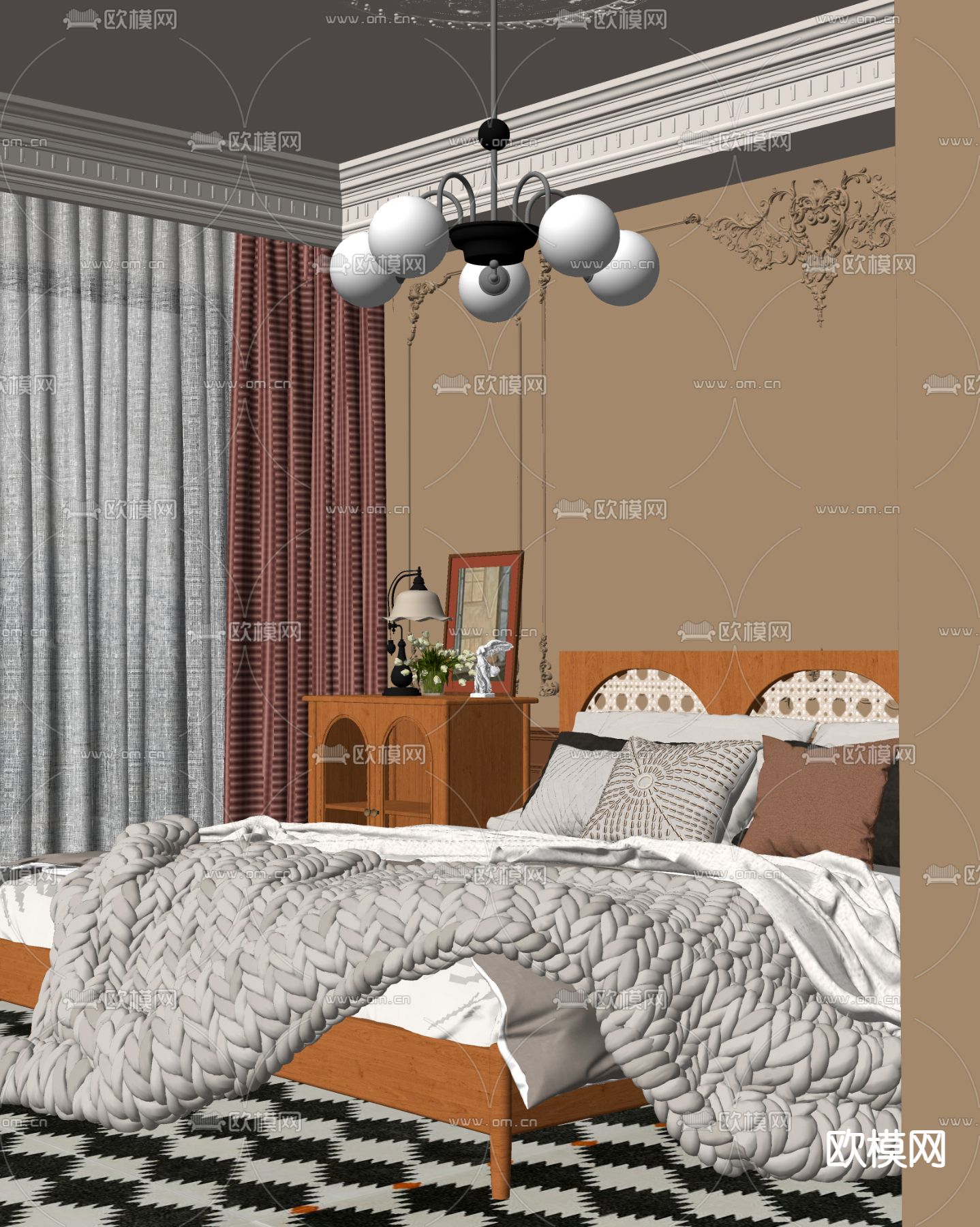 法式双人床su模型下载（渲染图2）