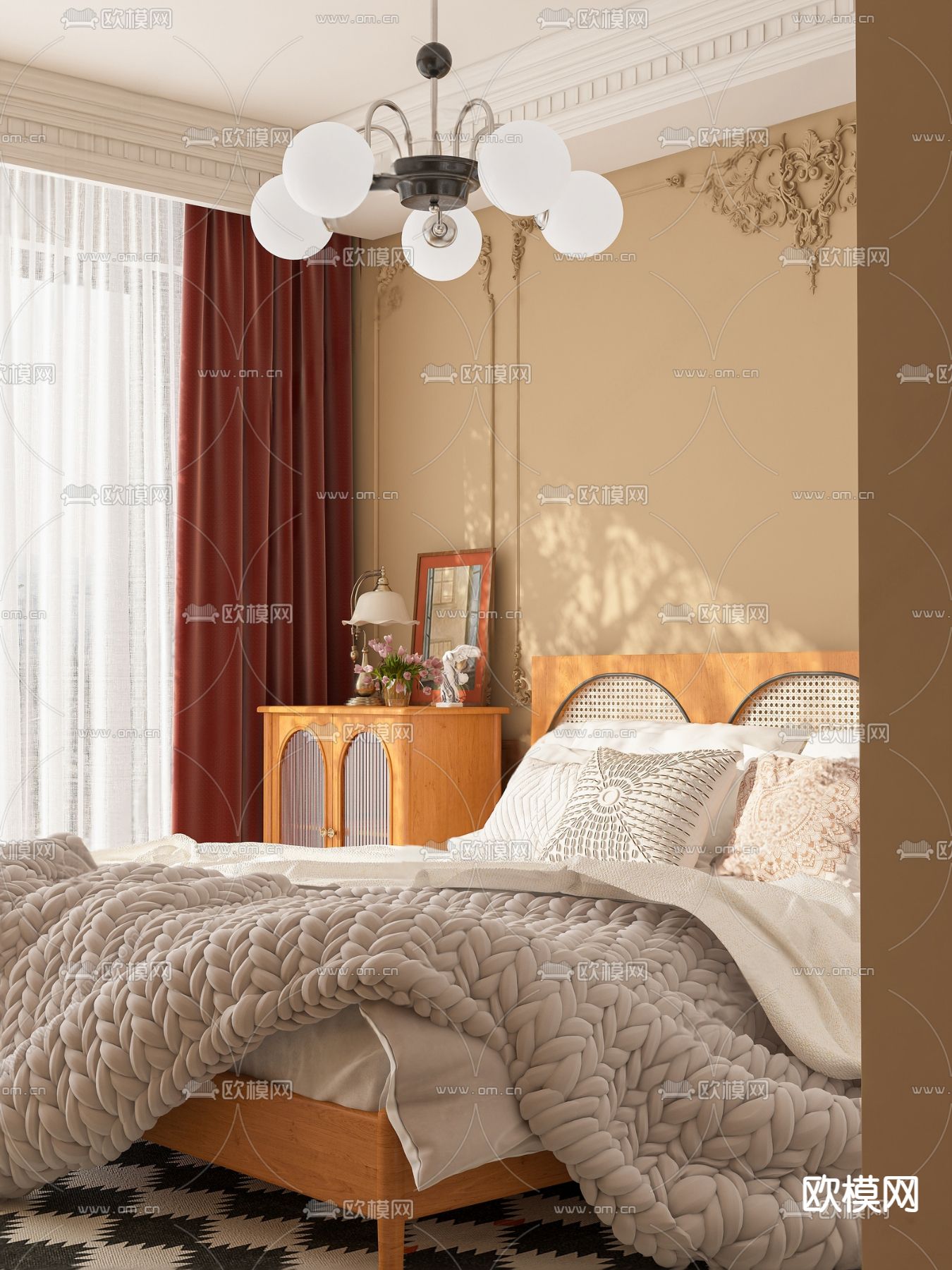 法式双人床su模型下载（渲染图1）