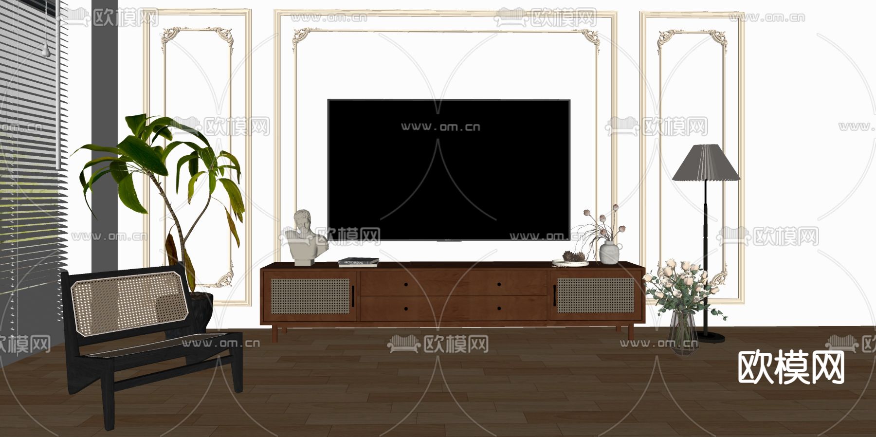 中古风电视柜su模型下载（渲染图2）