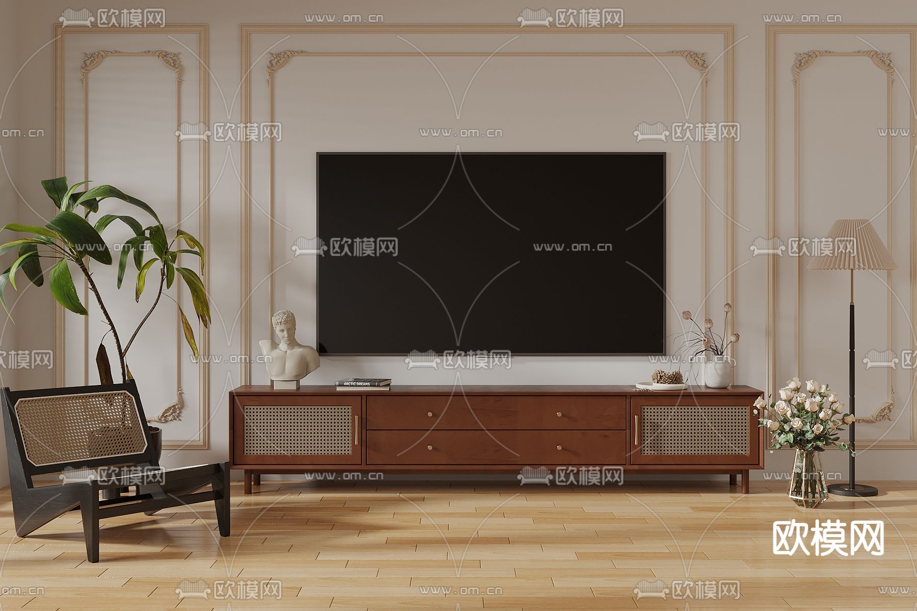 中古风电视柜su模型下载（渲染图1）