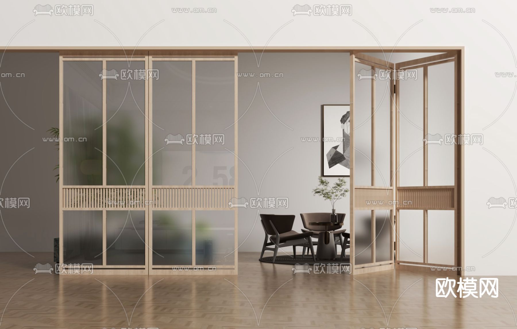 日式木门 阳台门 折叠门su模型下载（渲染图1）