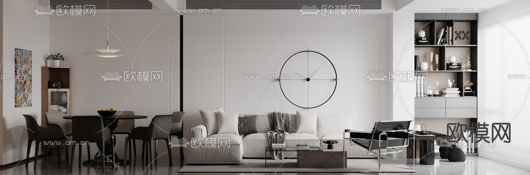 高级灰客厅 餐厅免费3d模型下载（渲染图1）