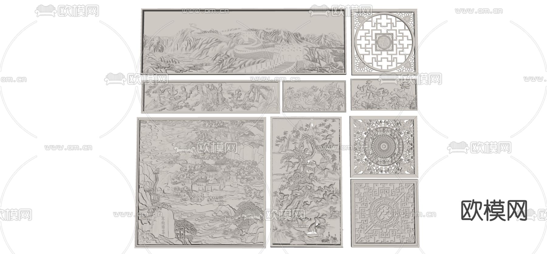 中式景墙浮雕 砖雕砖墙 墙面雕刻su模型下载