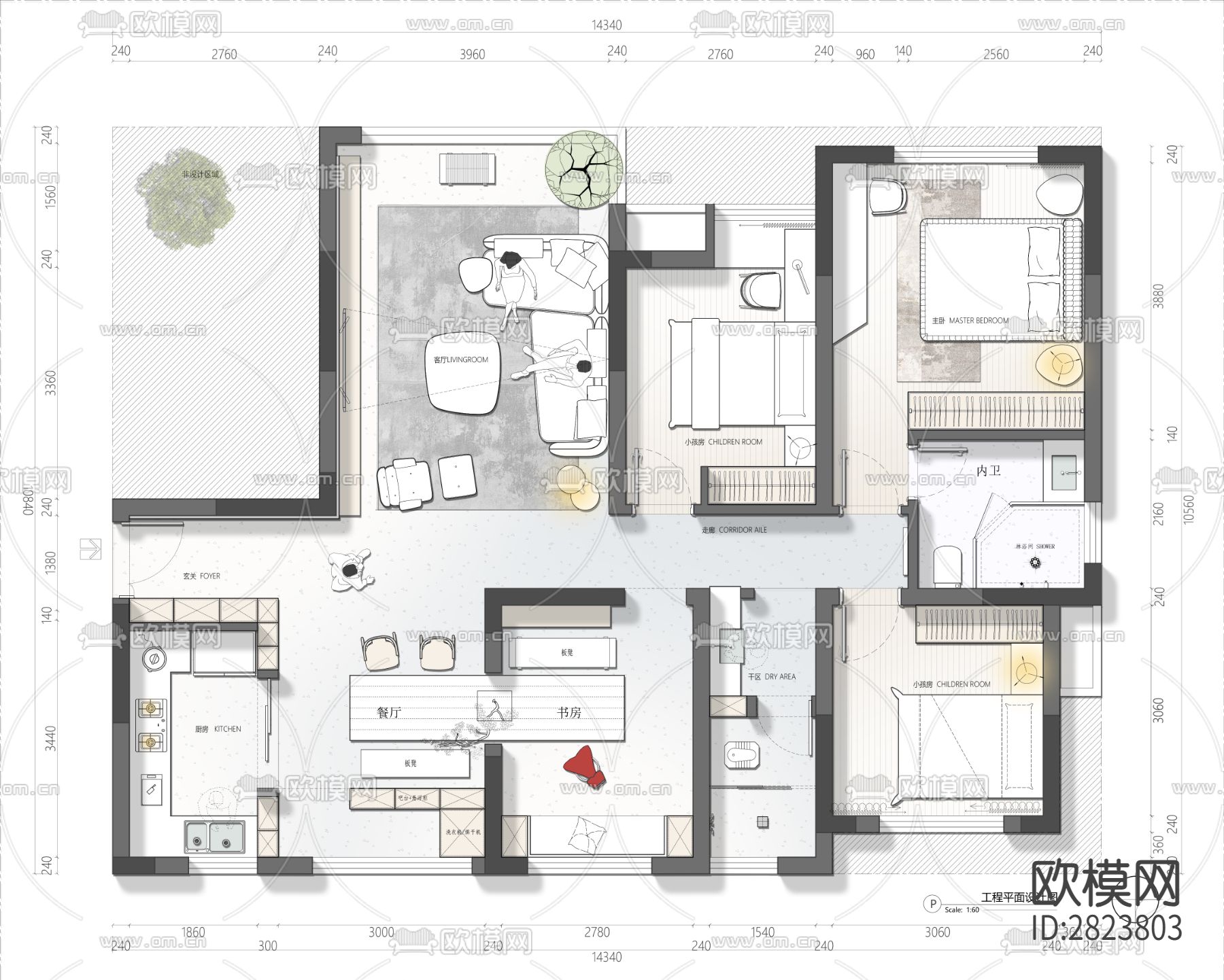 120平户型设计CAD +psdcad施工图-免费3dmax模型库-欧模网