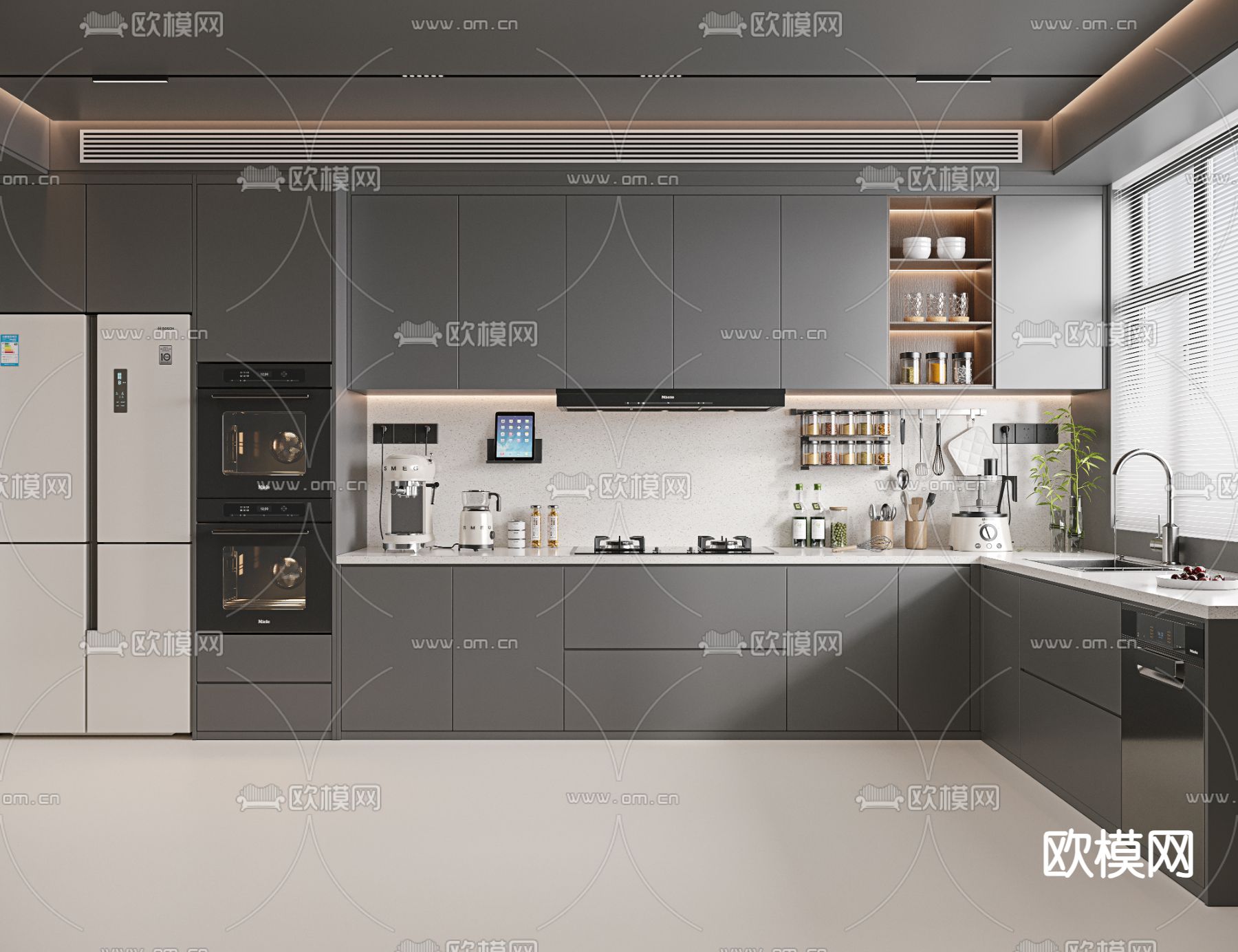高级灰厨房su模型下载（渲染图1）