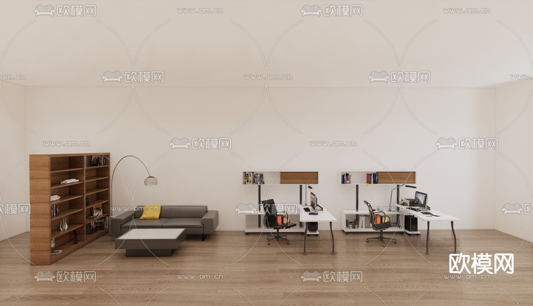 工业风职员桌 卡位办公桌su模型下载（渲染图1）