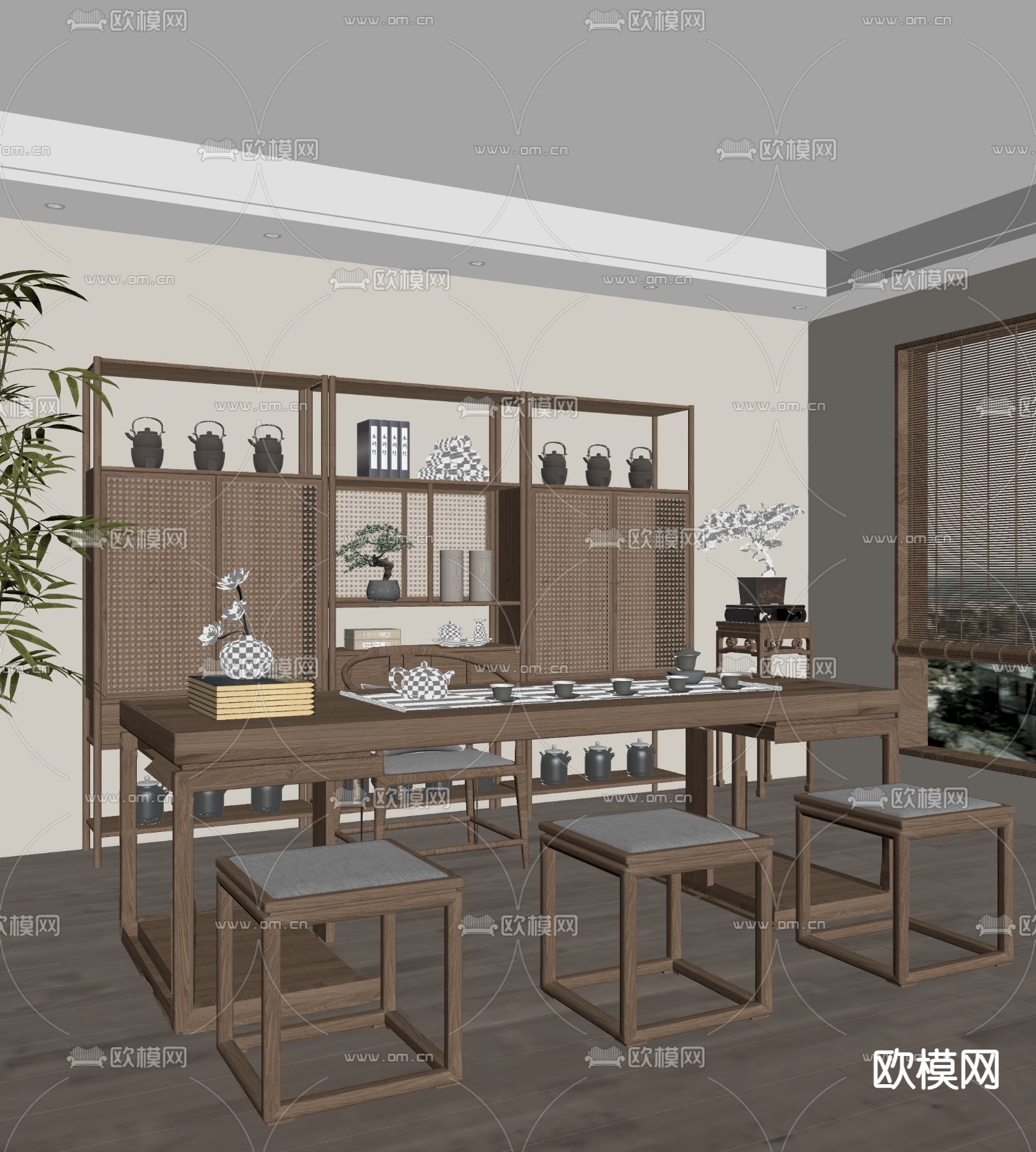 中式茶桌椅su模型下载（渲染图2）
