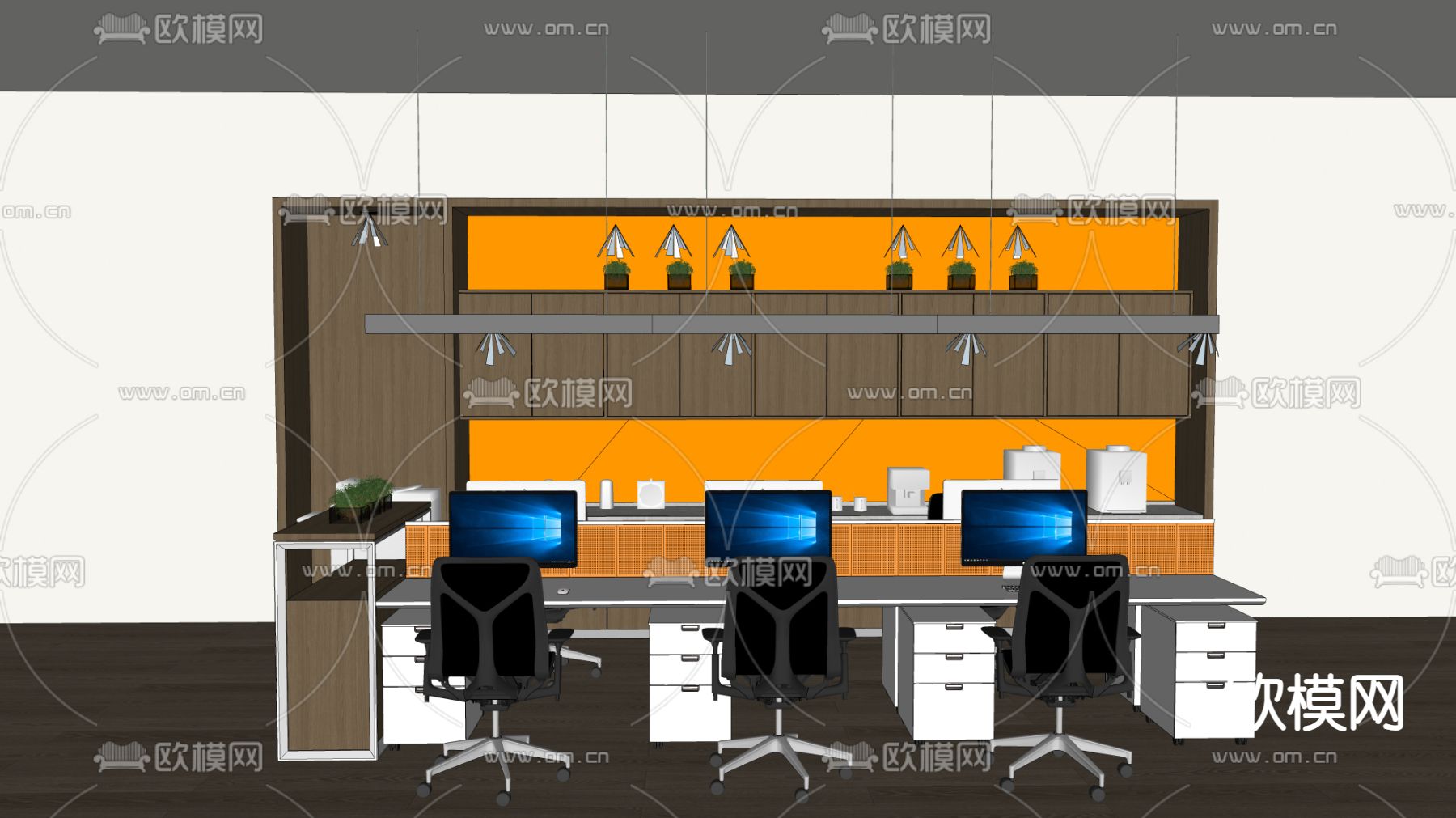 卡位办公桌 文件柜su模型下载（渲染图2）