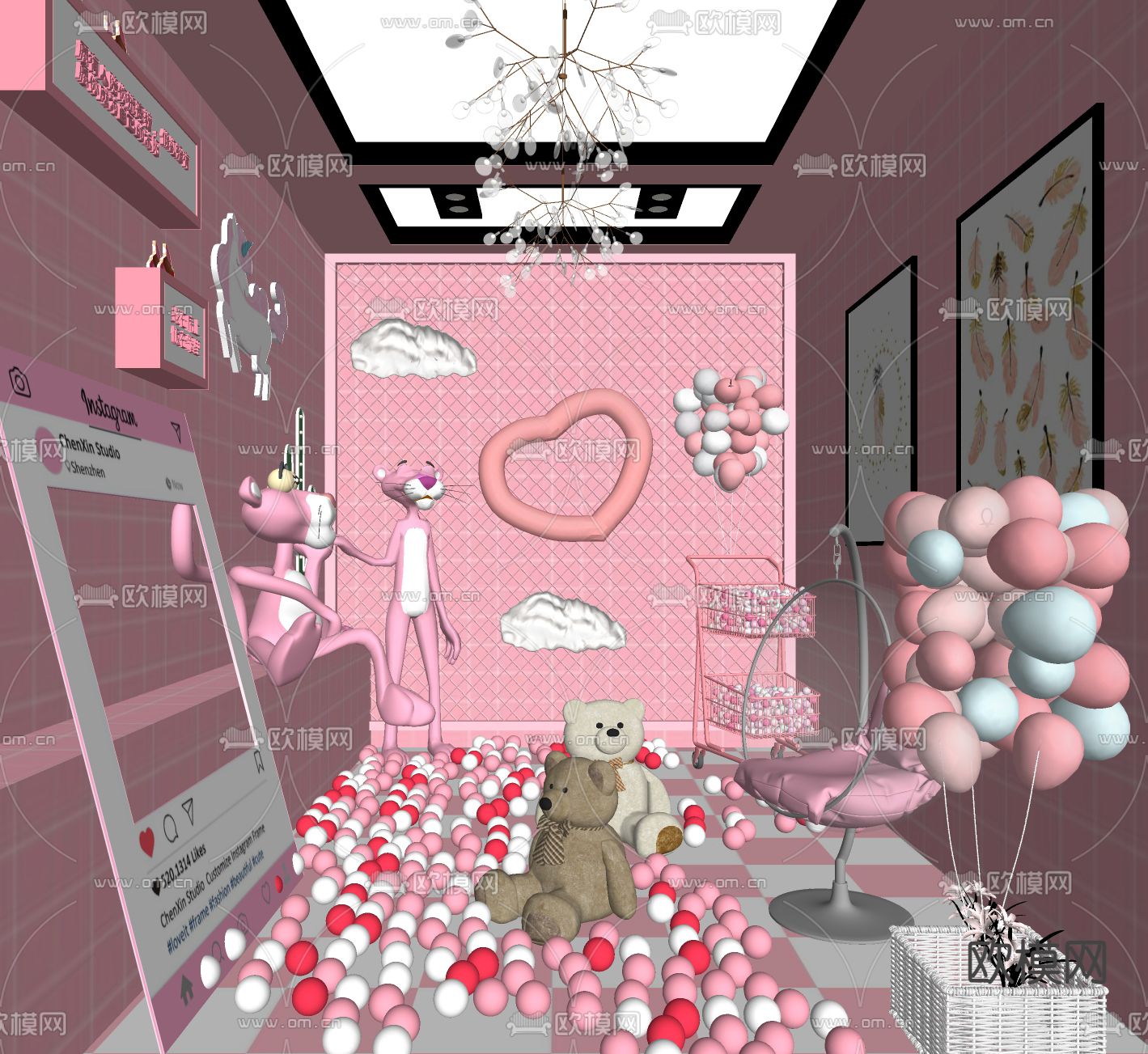 北欧粉色美陈 网红店su模型