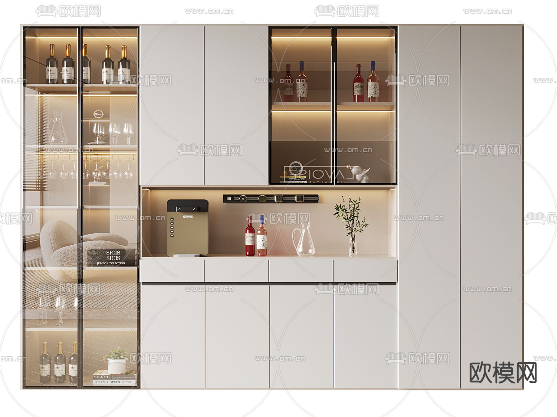 奶油风酒柜su模型下载（渲染图1）