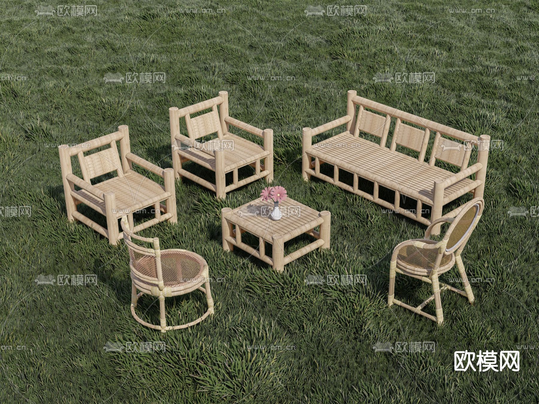 户外桌椅 竹座椅su模型下载（渲染图1）