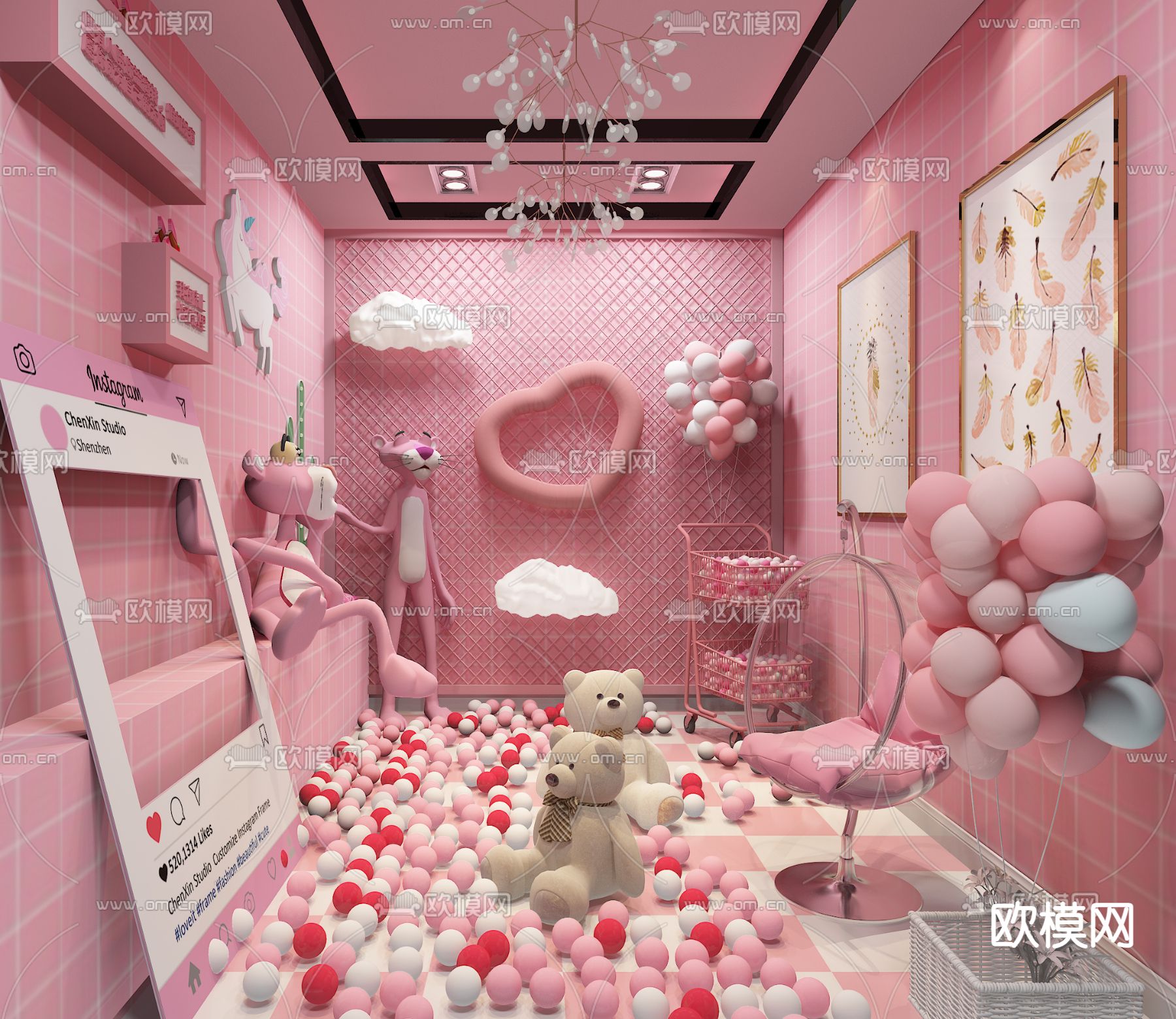 北欧粉色美陈 网红店su模型