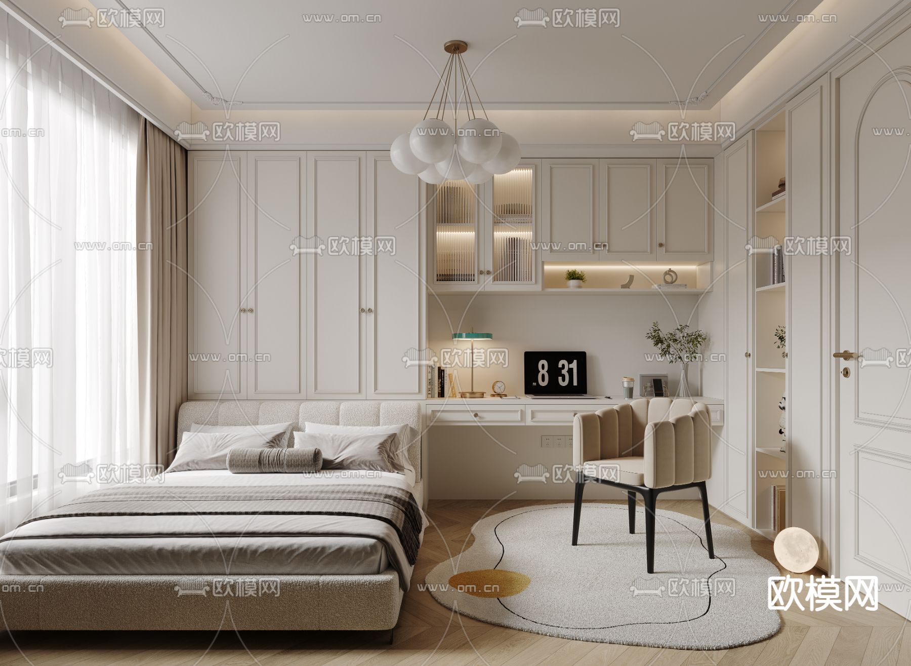 简欧榻榻米卧室su模型下载（渲染图1）
