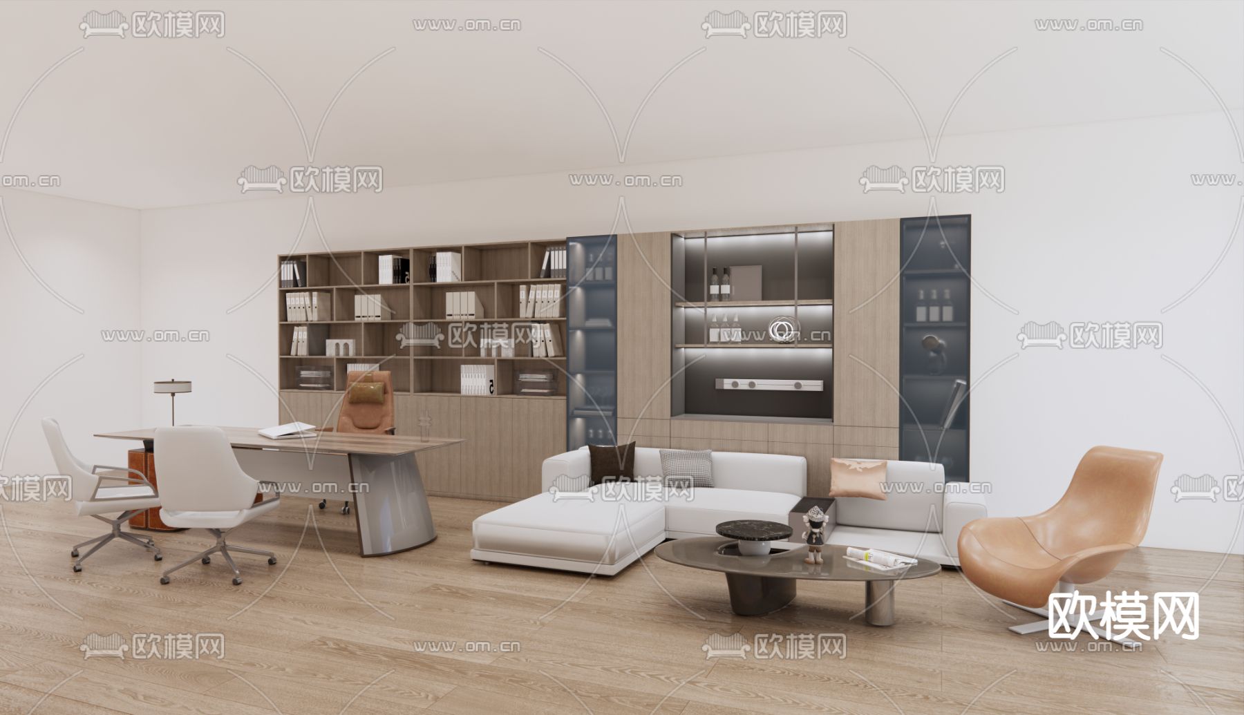 现代班台桌 书柜su模型下载（渲染图3）