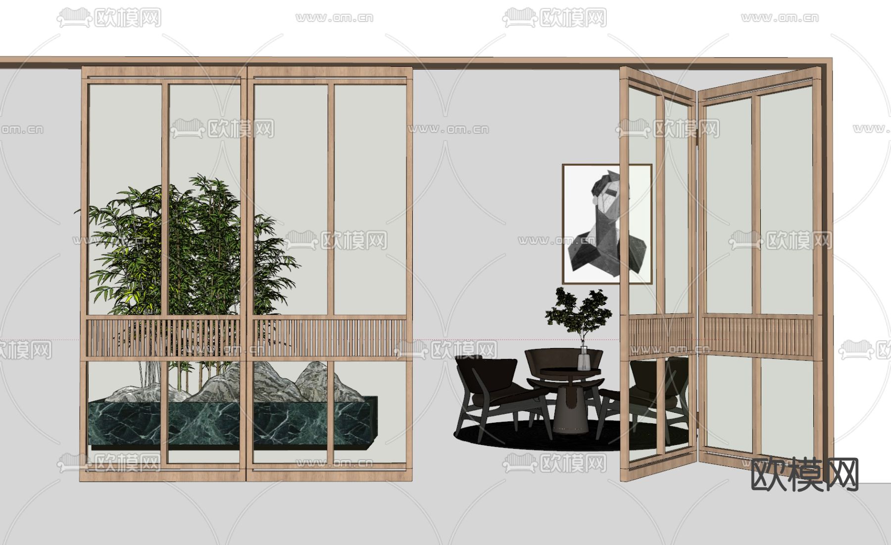 日式木门 阳台门 折叠门su模型下载（渲染图2）