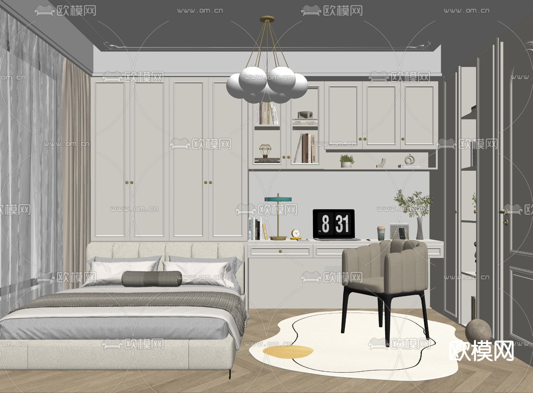 简欧榻榻米卧室su模型下载（渲染图2）