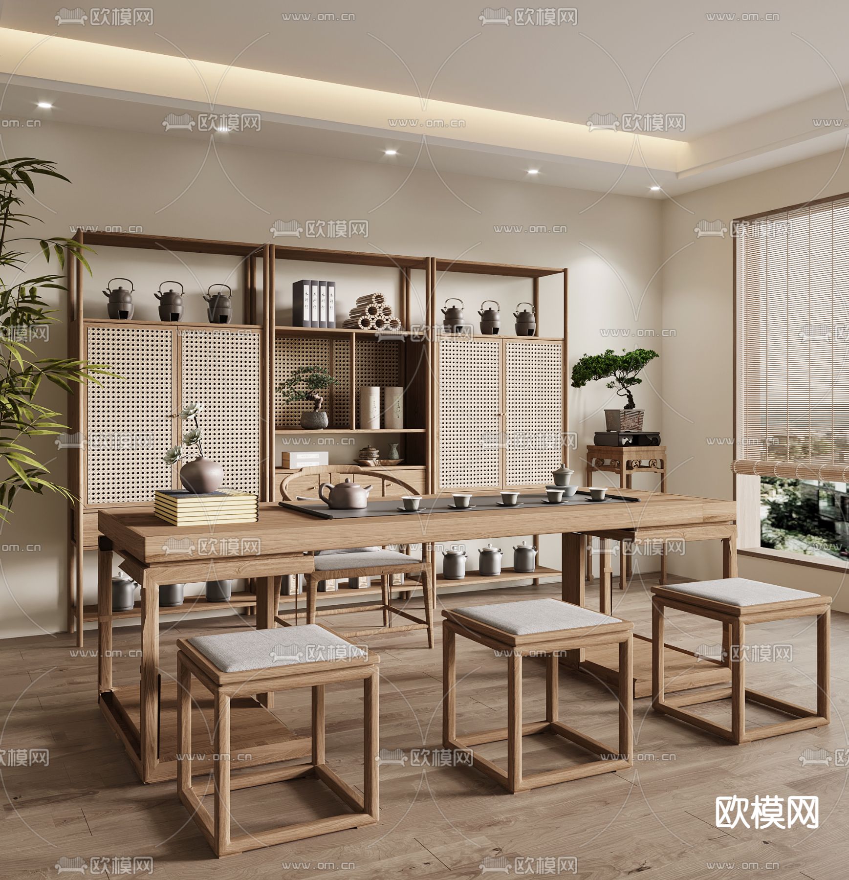 中式茶桌椅su模型下载（渲染图1）