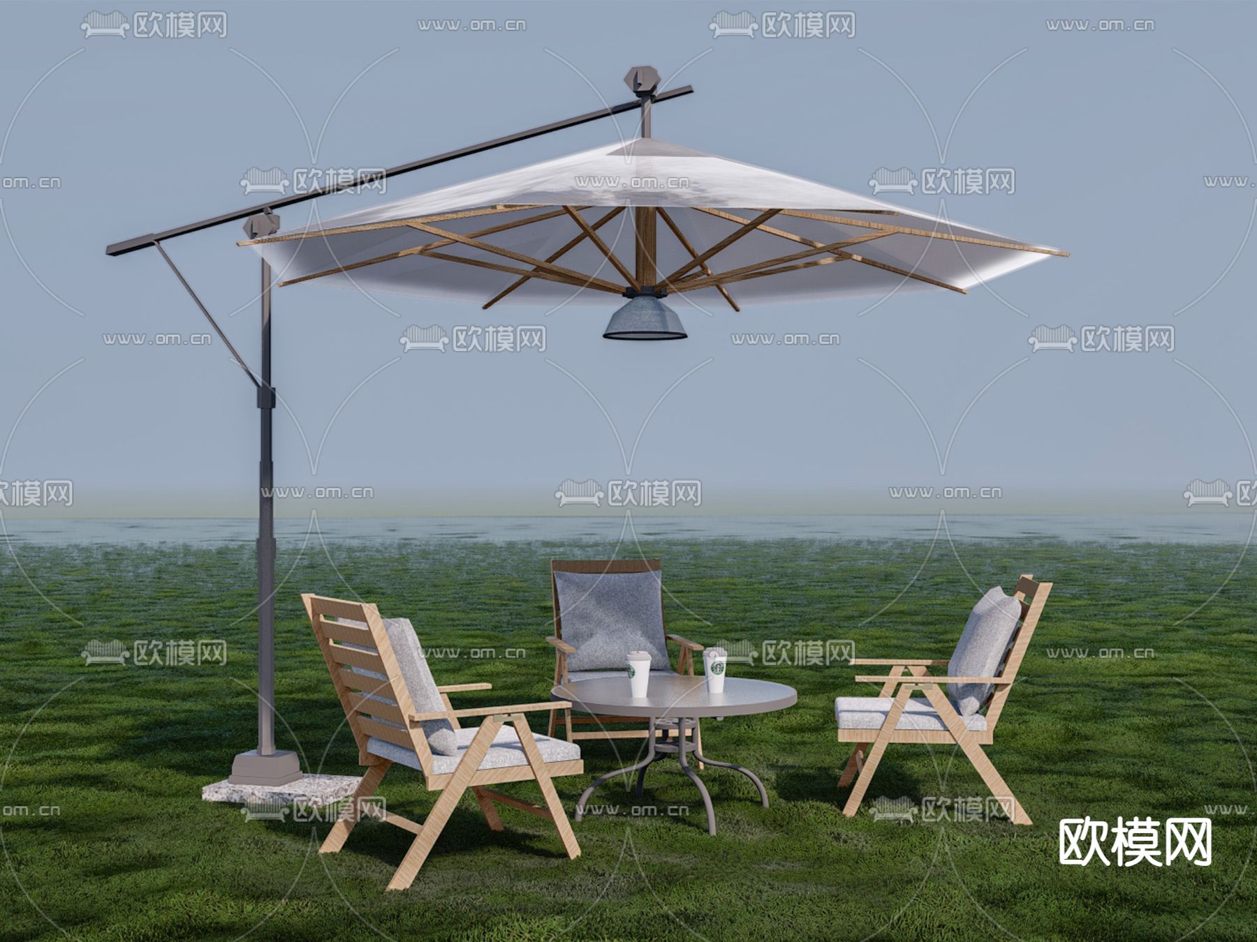 户外座椅 遮阳伞su模型下载（渲染图1）