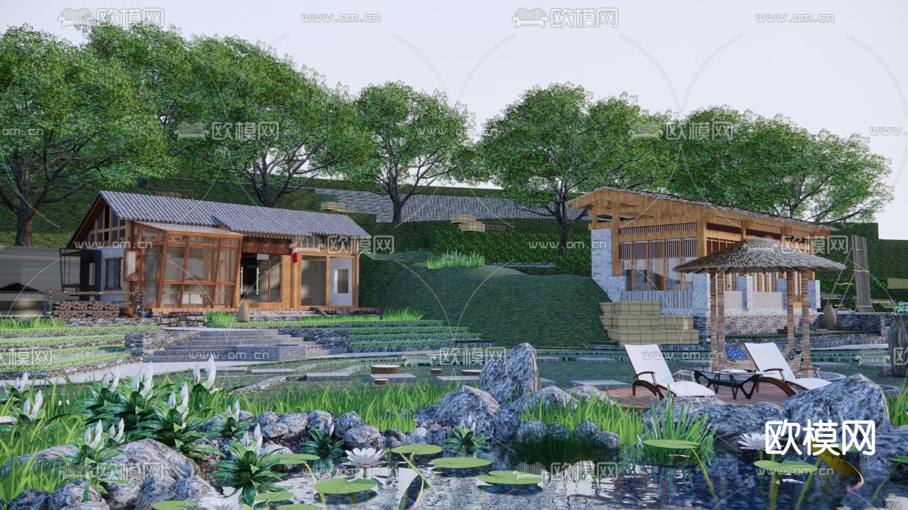 滨水度假民宿su模型下载（渲染图2）