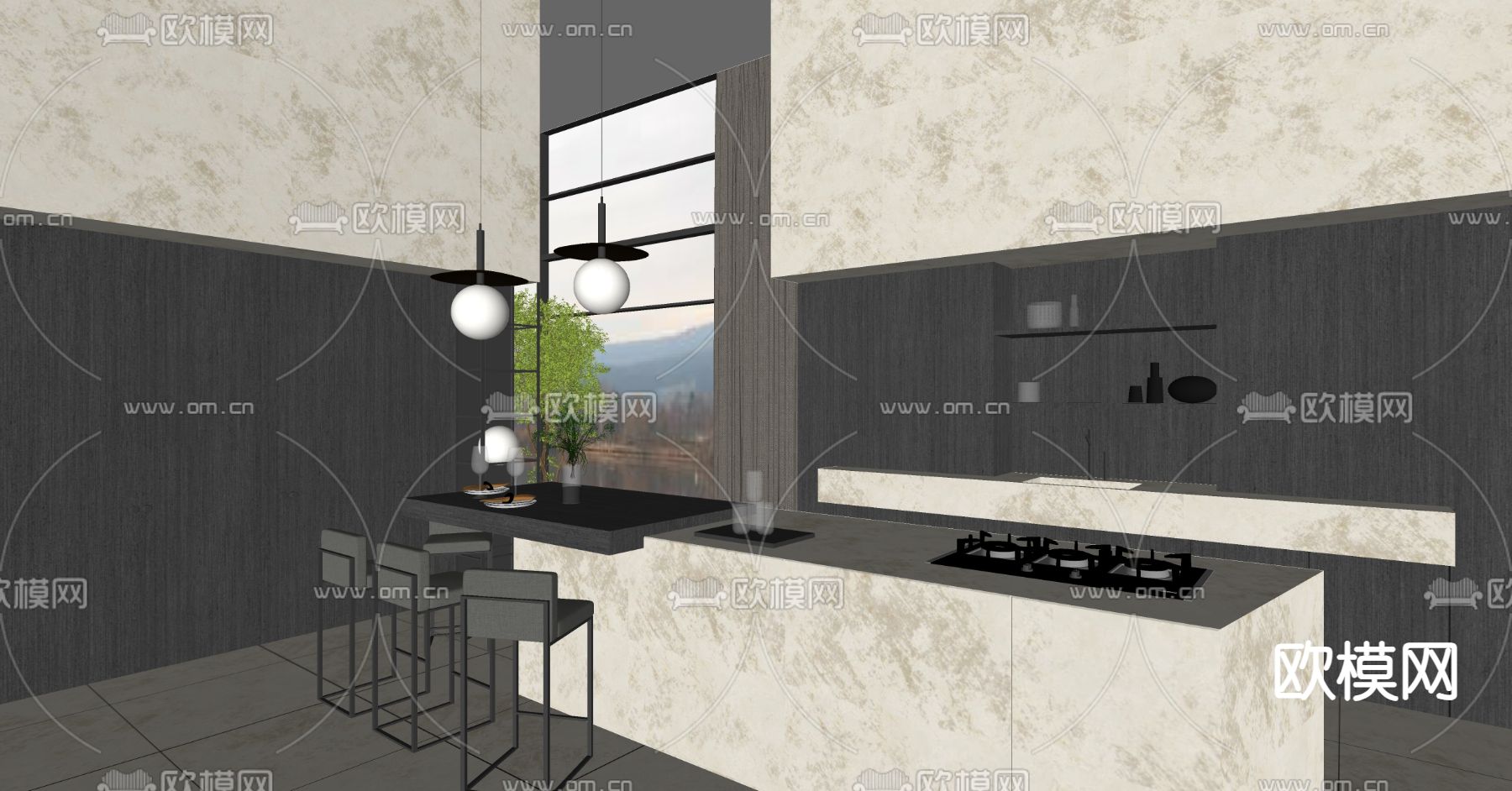 水吧台 餐厅岛台su模型下载（渲染图2）