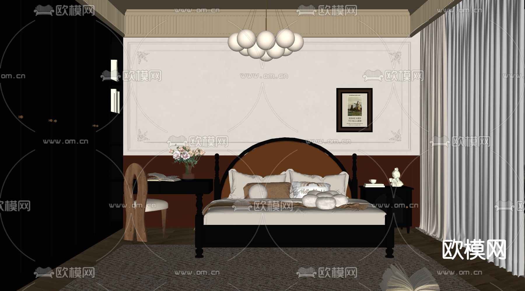 中古风卧室su模型下载（渲染图2）