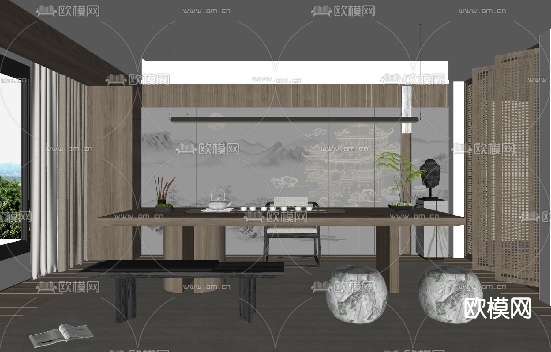 新中式茶室su模型下载（渲染图2）