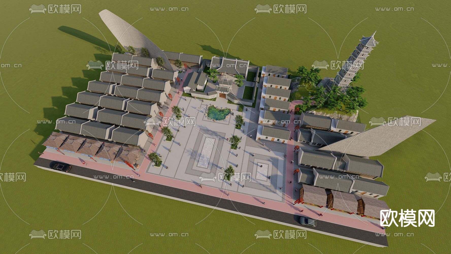 中式传统广场规划su模型下载（渲染图2）