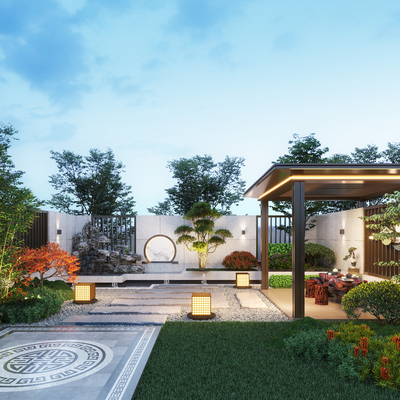  新中式庭院景观su模型 