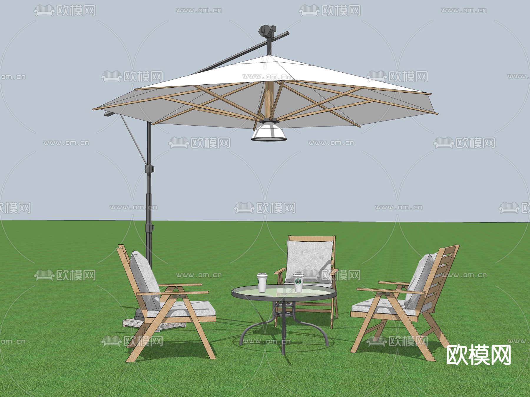 户外座椅 遮阳伞su模型下载（渲染图2）