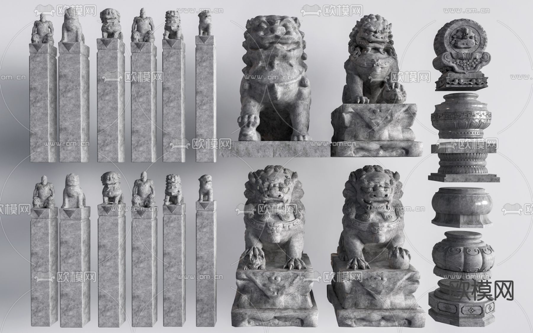 中式拴马桩 抱鼓石 石狮子座su模型下载（渲染图1）