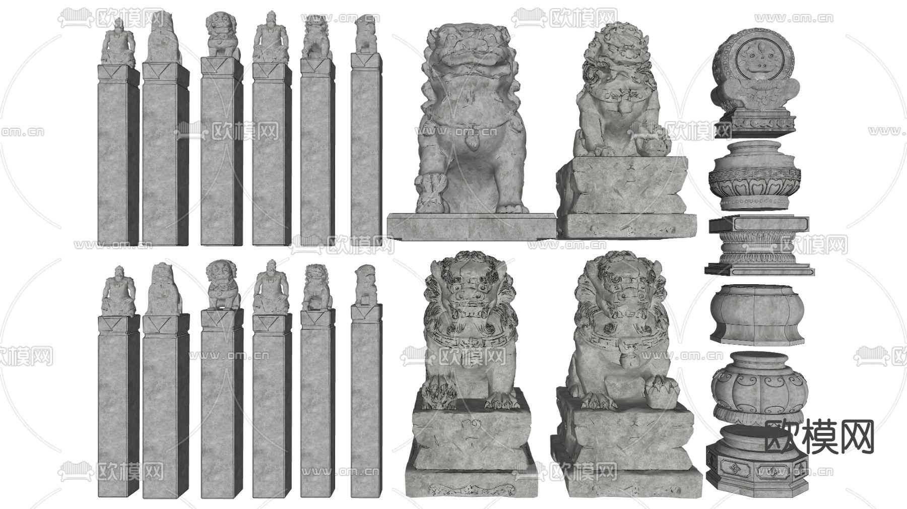 中式拴马桩 抱鼓石 石狮子座su模型下载（渲染图2）