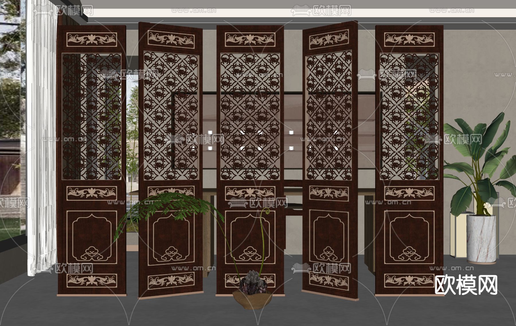 中式隔断 屏风su模型下载（渲染图2）