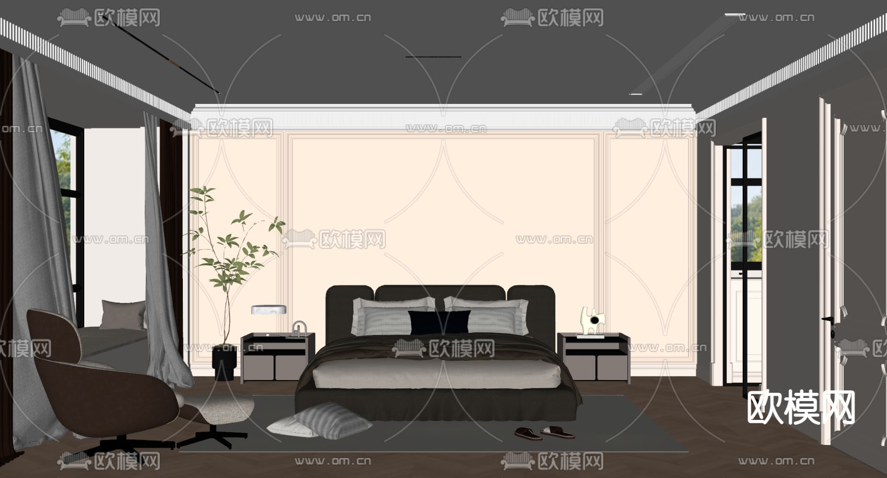 简欧卧室 主卧su模型下载（渲染图2）