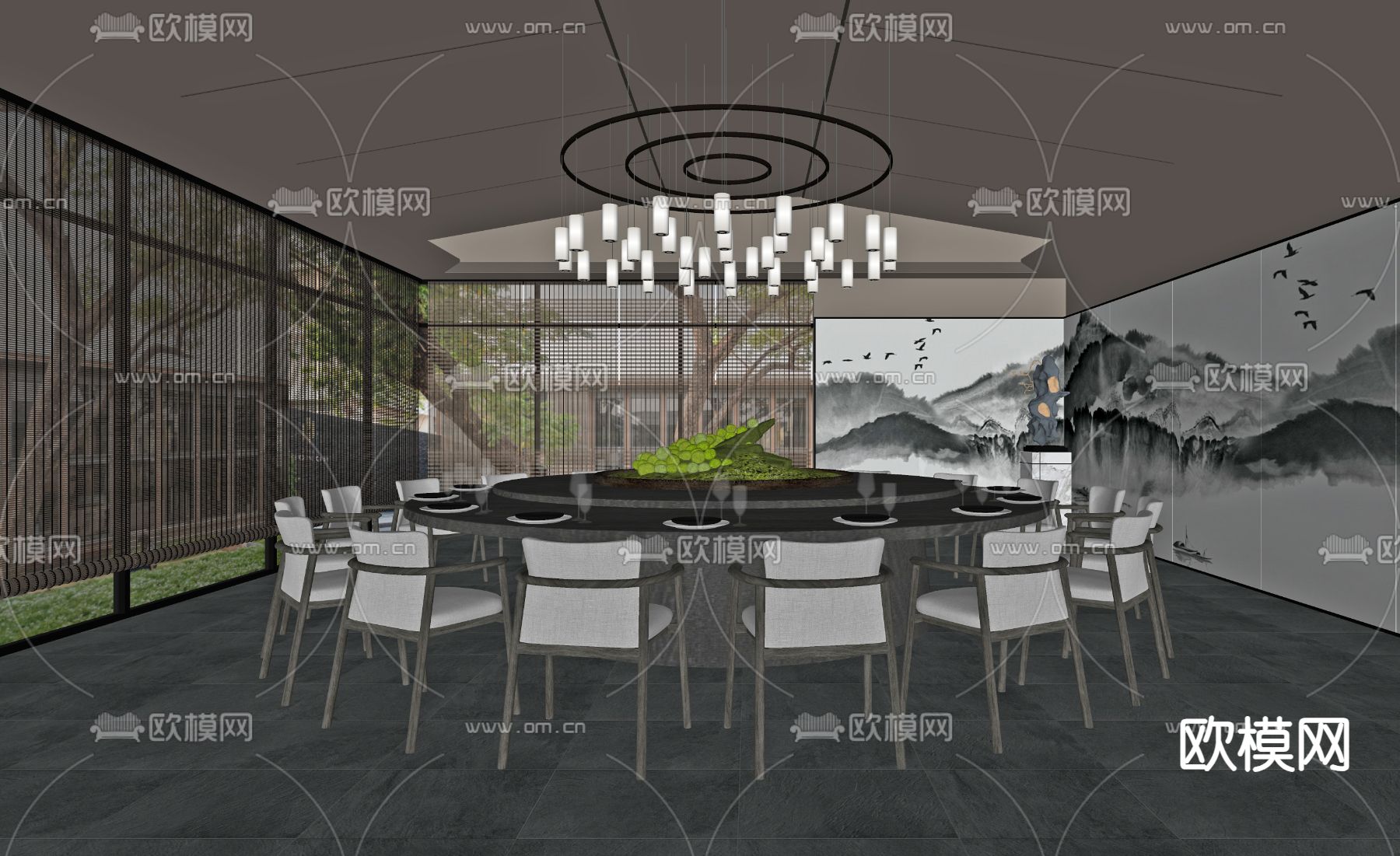 新中式餐厅 包房su模型下载（渲染图2）