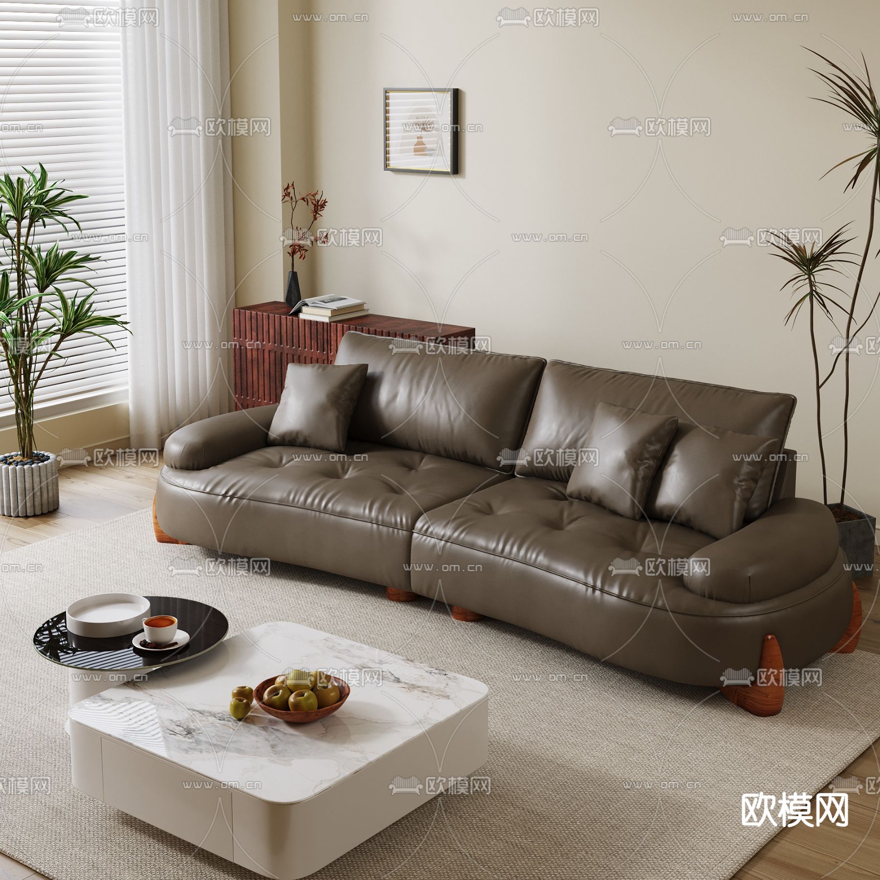 皮革沙发 多人沙发3d模型下载（渲染图3）
