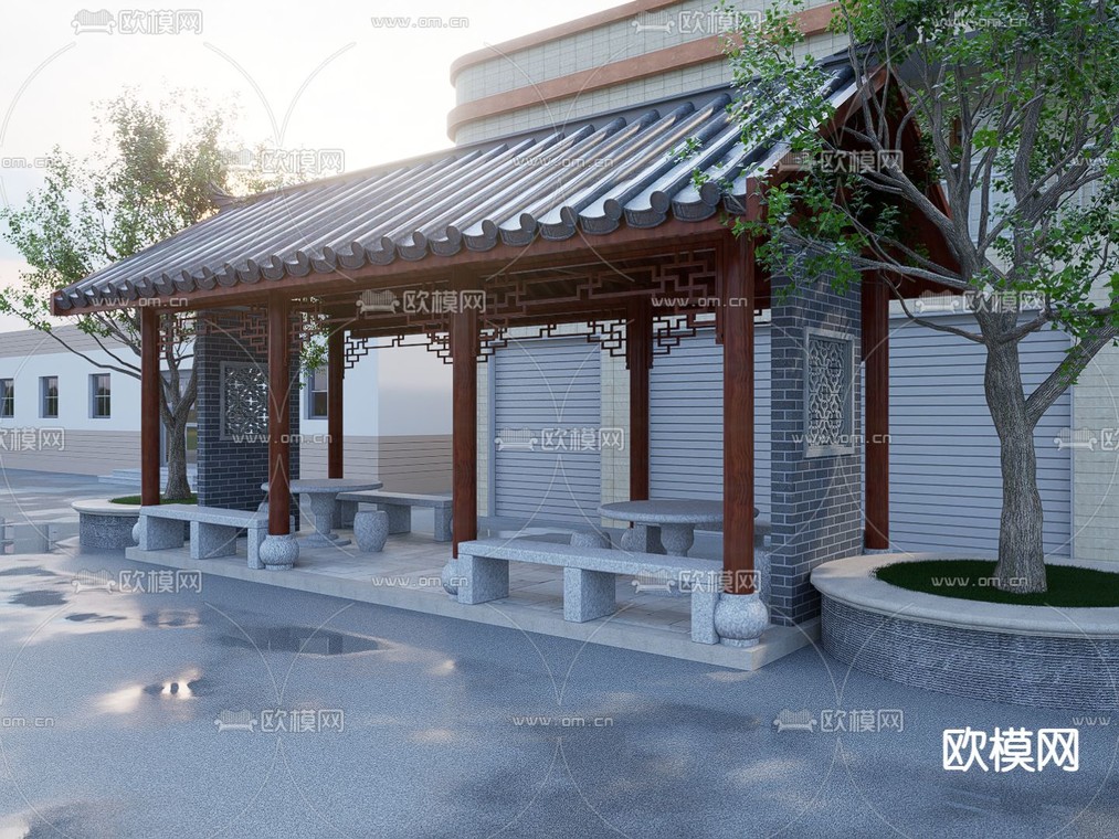 中式凉亭 长廊 休闲廊亭su模型下载_ID14256824_sketchup模型下载-欧模网