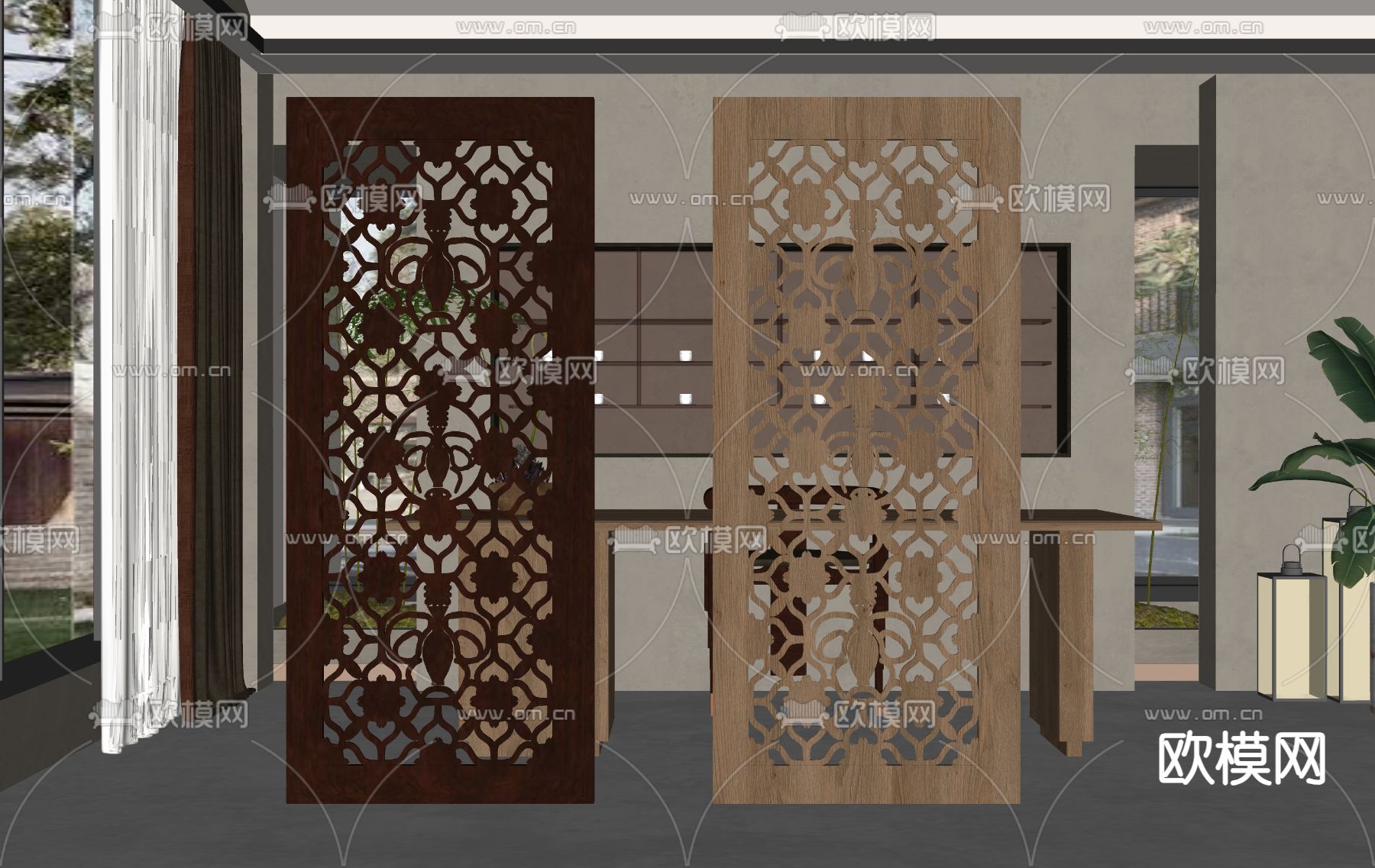 新中式隔断 屏风su模型下载（渲染图2）