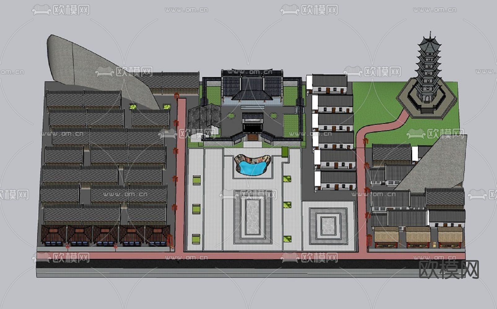 中式传统广场规划su模型下载（渲染图3）