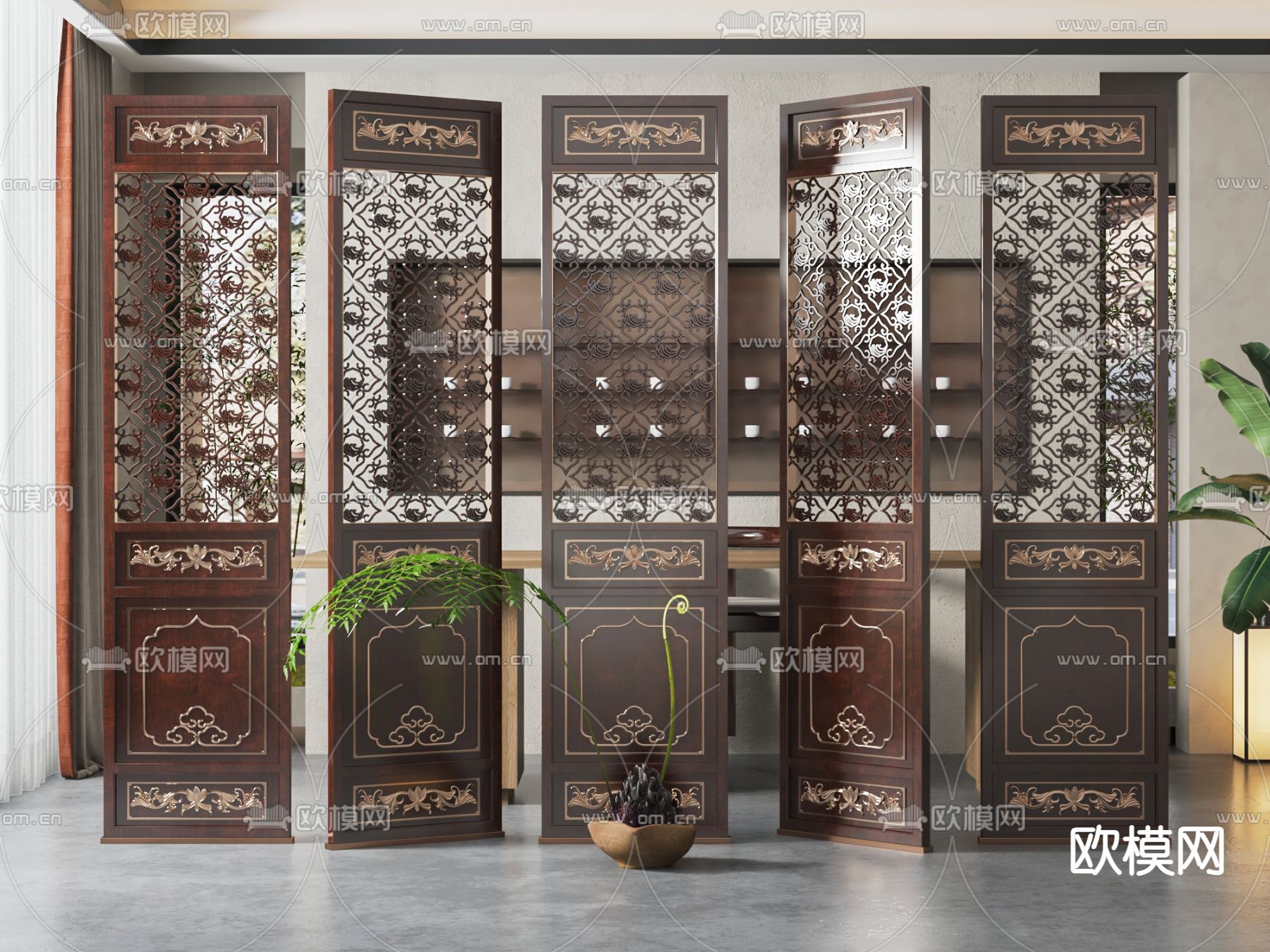 中式隔断 屏风su模型下载（渲染图1）