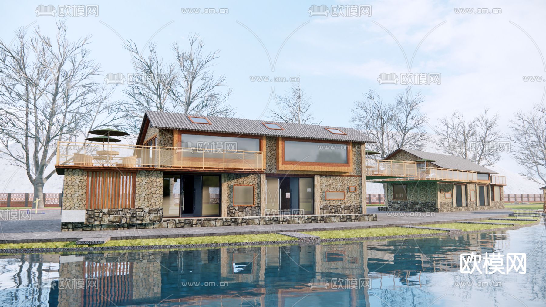 现代民宿建筑 滨水建筑su模型下载（渲染图2）