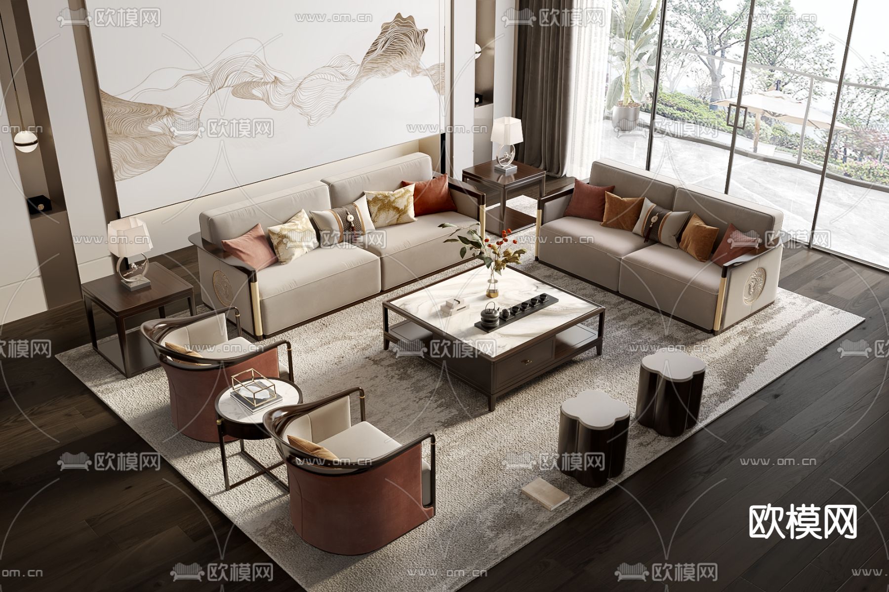 新中式组合沙发3d模型下载_ID14257092_3dmax免费模型-欧模网