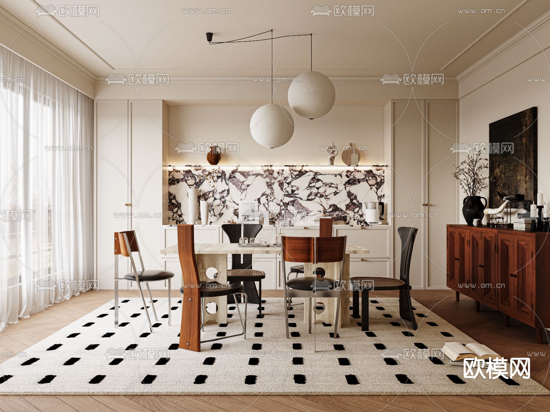 中古风餐厅su模型下载（渲染图1）